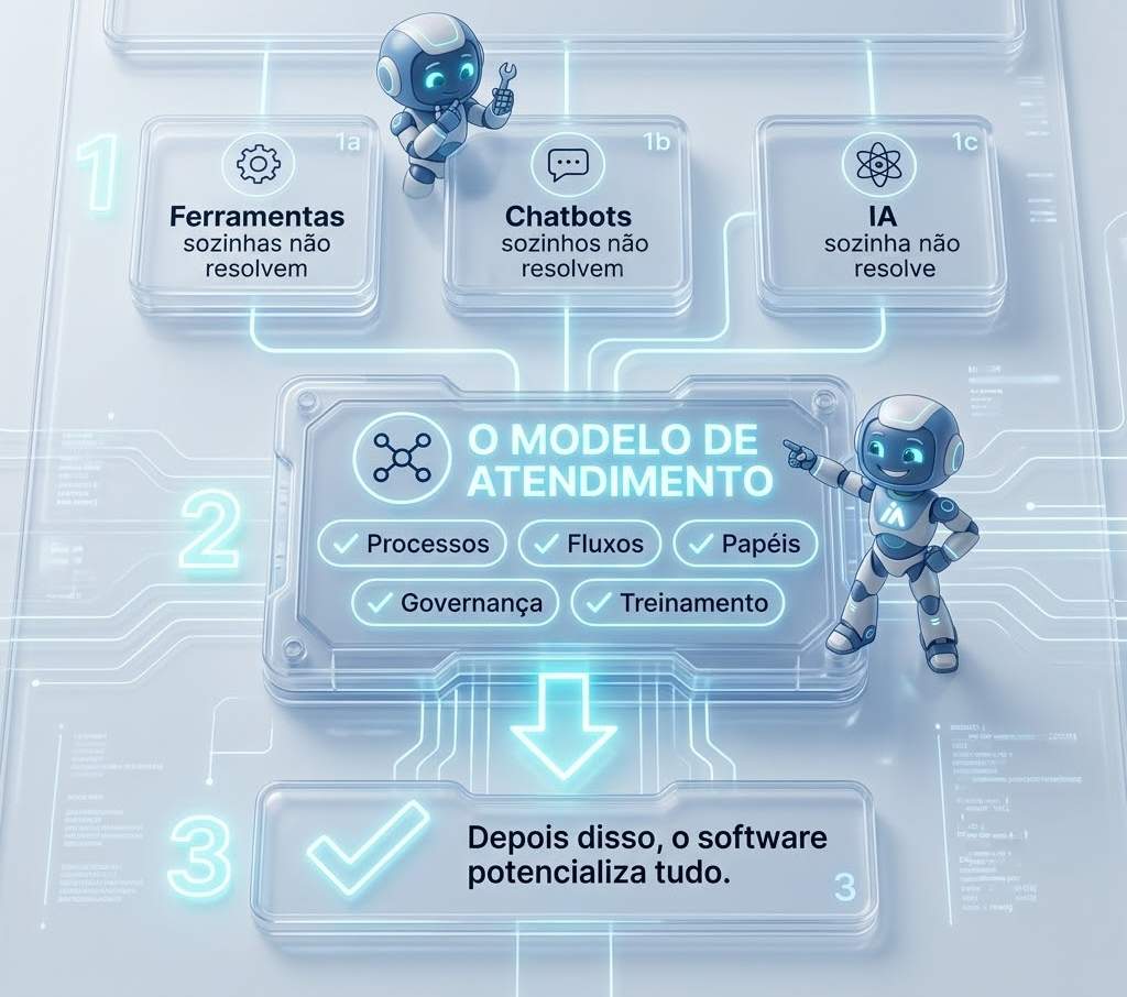 Diagrama em três etapas. Primeira: ferramentas, chatbots e inteligência artificial, isoladamente, não resolvem. Segunda: o modelo de atendimento, formado por processos, fluxos, papéis, governança e treinamento. Terceira: depois disso, o software potencializa tudo.