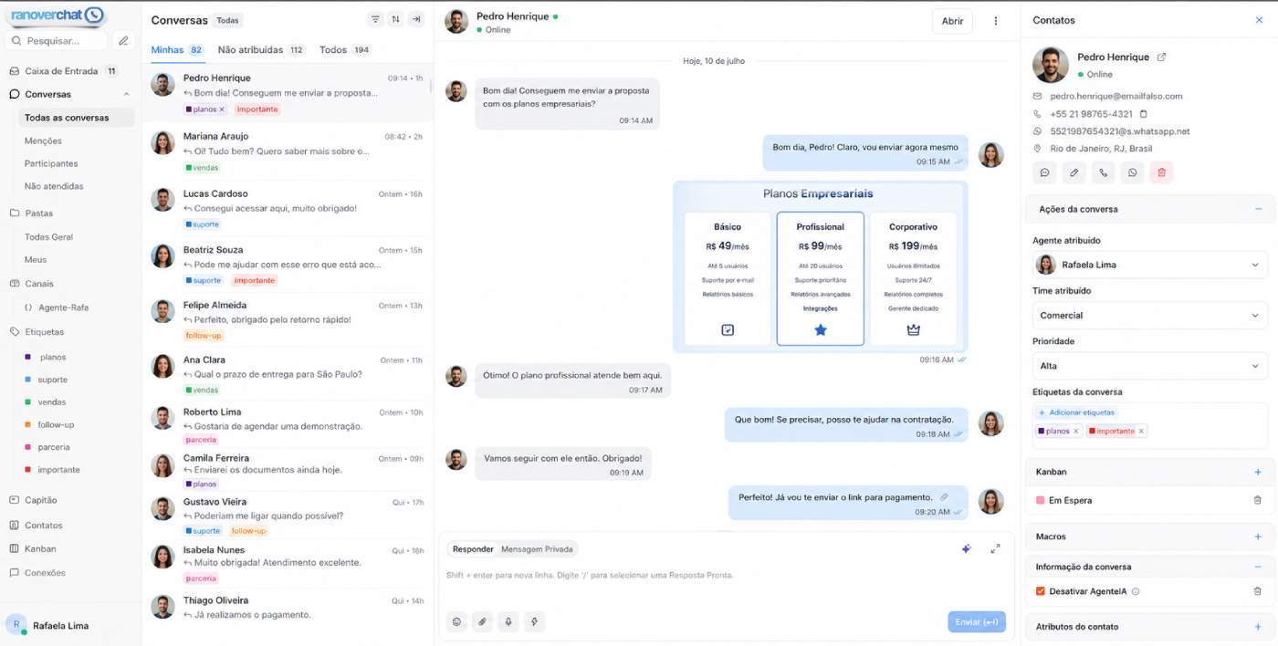 Tela de conversa do RanoverChat com histórico do cliente e resposta da equipe